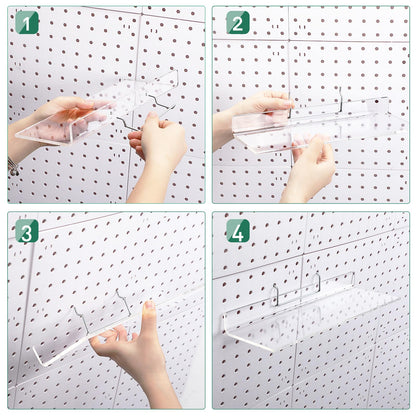 Lounsweer 4 Set Pegboard Shelf Clear Acrylic with Metal Hooks Organizer Accessories Storage for Pegboard Display Wall Craft Room Home Garage Nursery Kitchen Workbench(L Shape,12 x 4 Inch)