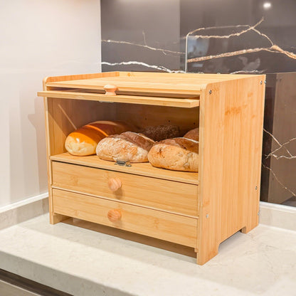 Aromfentu Bamboo Bread Box for Kitchen Countertop & Dining Room,Wooden Storage with Display Compartment & Built-in Bread Slicer,Eco-Friendly Organizer for Homemakers, Bakers & Bread Lovers ﻿