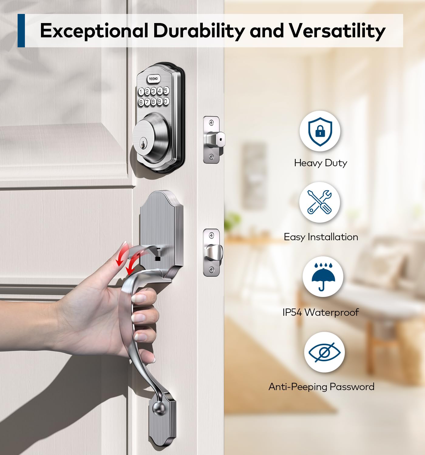 TEEHO Keyless Entry Door Lock Deadbolt with Handle Set, Electronic Digital Smart Locks Set for Front Door with 2 Keys, Easy to Install Keypad Deadbolt, Auto Lock - Matte Black