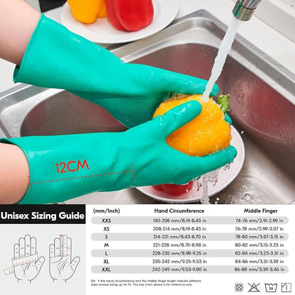 Vgo... 1-Pair Reusable Household Gloves, Rubber Dishwashing gloves, Extra Thickness, Long Sleeves, Kitchen Cleaning, Working, Painting, Gardening, Pet Care (Size M, Green, HH4601)