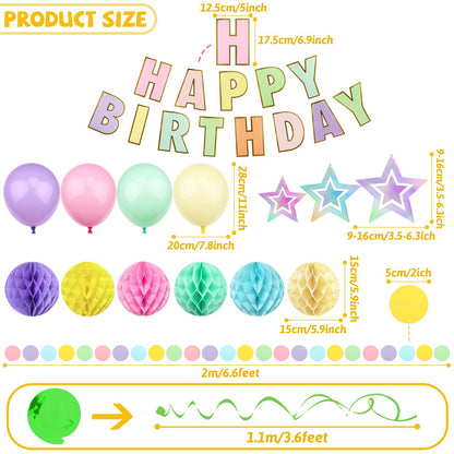 ZERODECO Birthday Decorations, Easy to Assemble Pastel Happy Birthday Banner with Honeycomb Ball, Balloon, Hanging Swirl Streamer, Garland, Happy Birthday Party Decorations for Women Girls Kids
