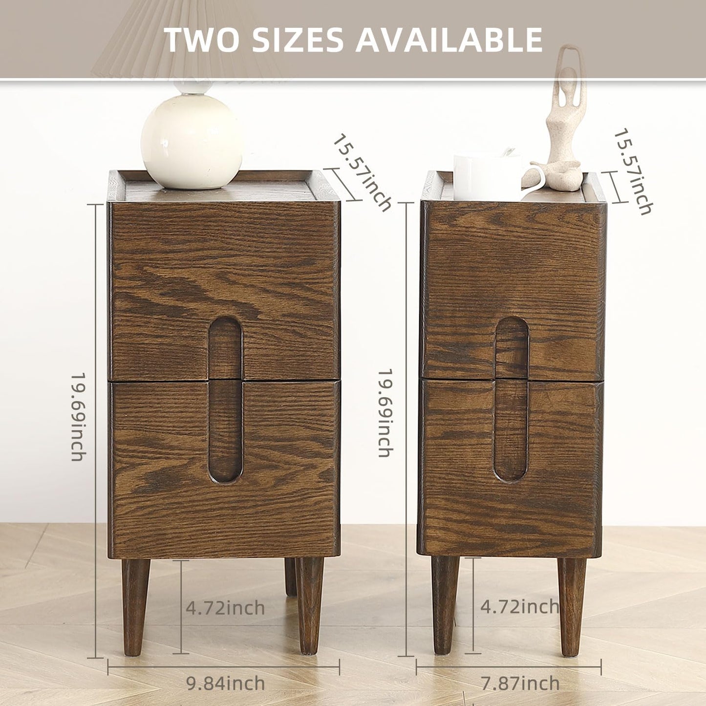 Fetuero Solid Wood Bedside Table Nightstands, Slim Narrow Oak Real Wooden Mid-Century Modern End Table with Drawers Luxury Side Table Durable Cabinet Organizer Furniture, Walnut Color 7.87in Wide