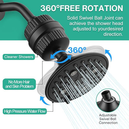 Cobbe 6-Setting High Pressure Filtered Shower Head Combo, Detachable Rain Shower Head with 20 Stage Shower Head Filter for Hard Water - Remove Chlorine and Harmful Substances, Black