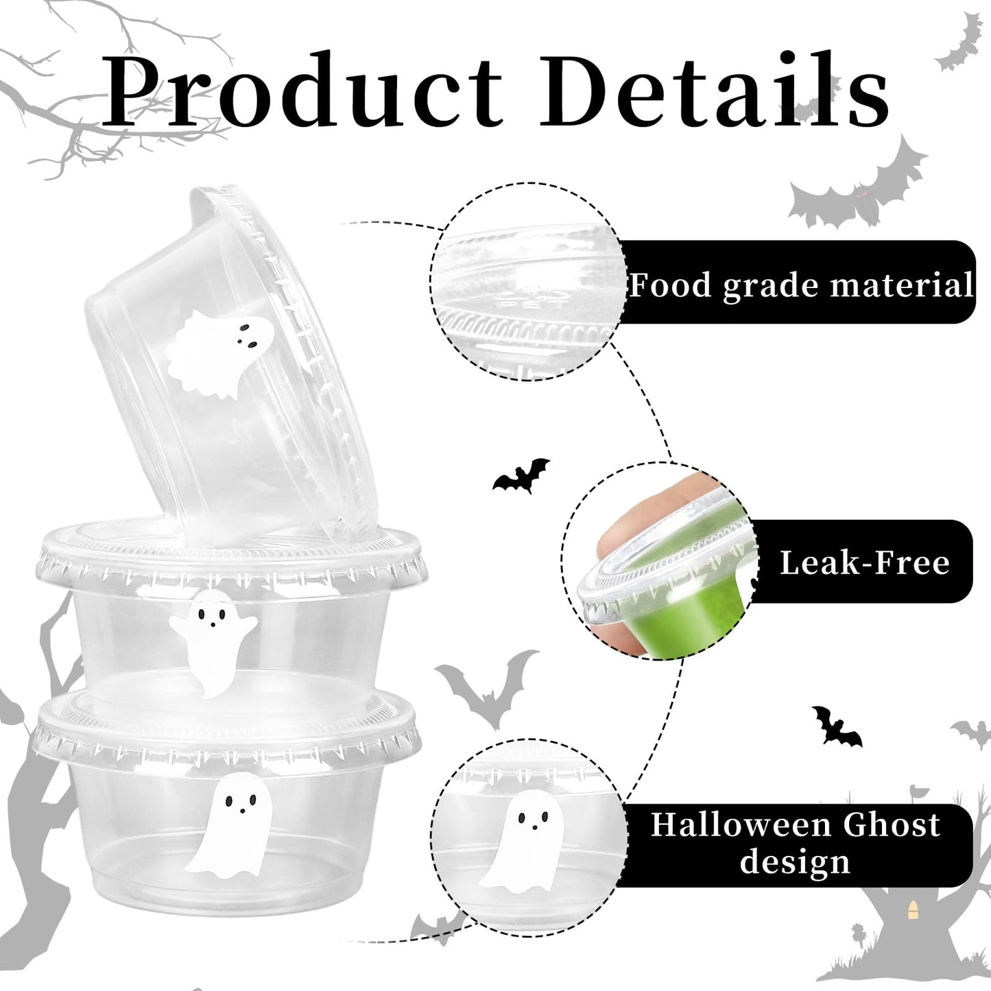 FYSUIMU 75 Pcs Halloween Sauce Cup Mini White Ghost Jelly Shot Cups with Lids Disposable Plastic Containers for Holidays Party Supplies, 2 oz