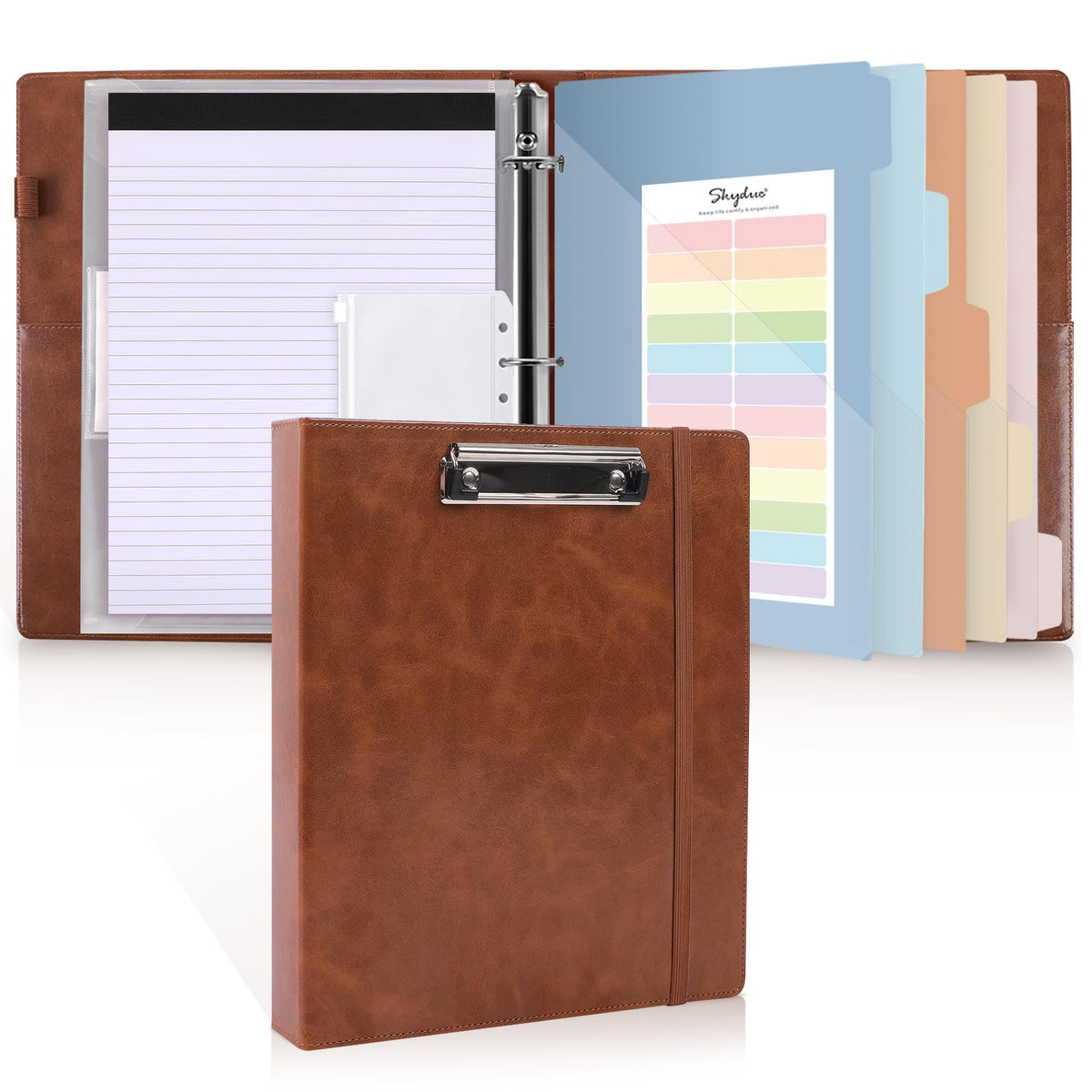 SKYDUE 3 Ring Binder with Clipboard,1 Inch Binder, 13.2" × 10.2" PU Clipboard Binder with Notepad & 5 Dividers with 5 Pockets, Labels, Clipboard Folder Great for School Office(Fit Letter Sized Paper)