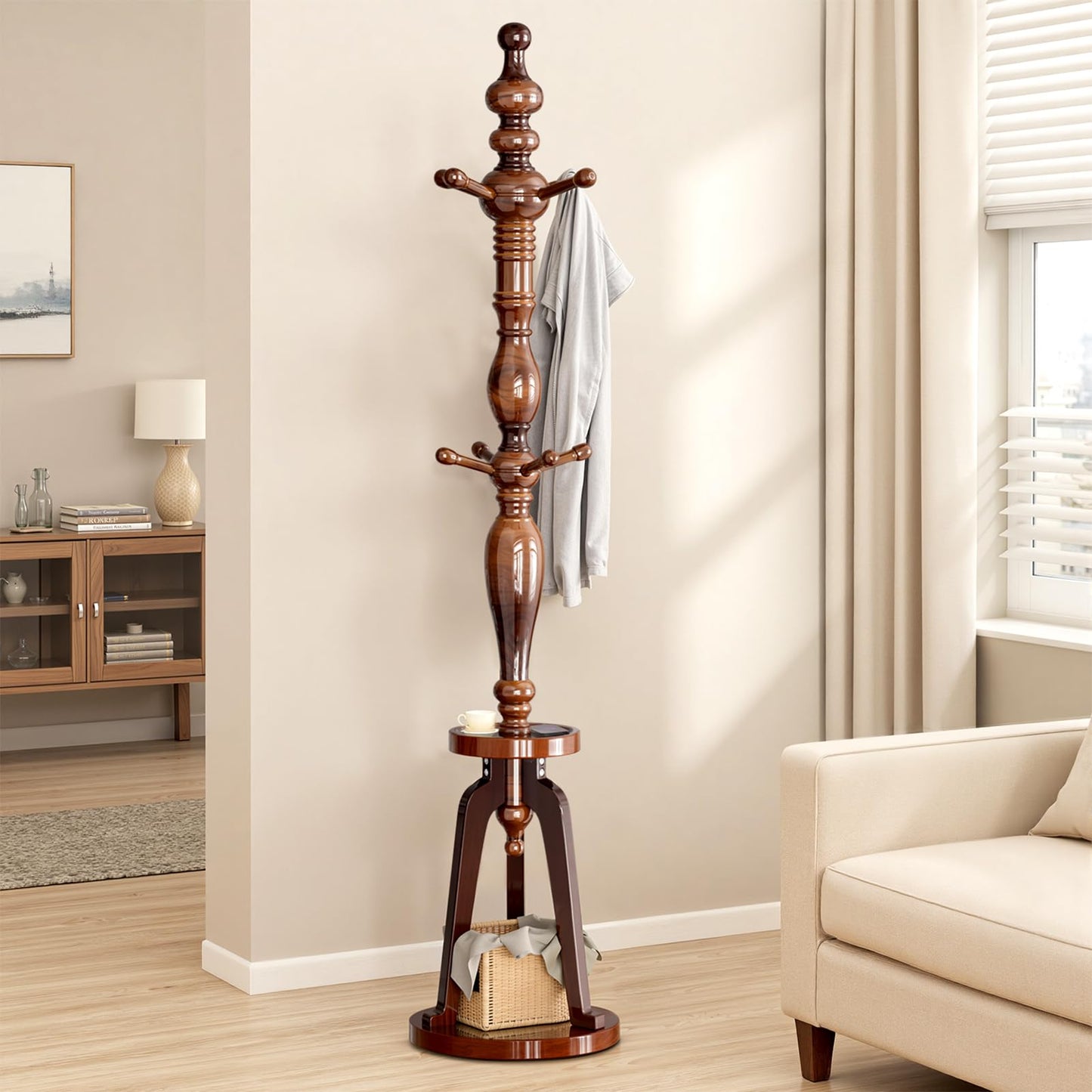 Coat Rack Freestanding with 8 Hooks & Storage Shelf, Wooden Hall Tree Coat Hanger Stand, Heavy Duty Entryway Organizer with 220 LB Load Capacity, Sturdy Wood Coat Tree for Entryway Hallway Office Home