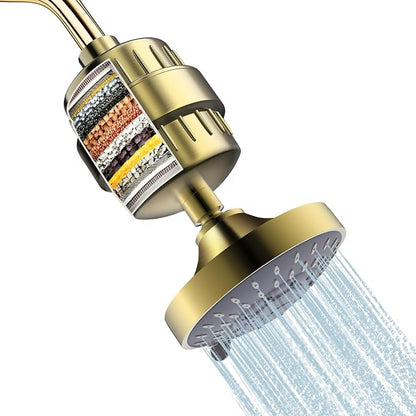 Shower Head and 15 Stage Shower Filter Combo, FEELSO High Pressure 5 Spray Filtered Showerhead with Water Softener Filters for Hard Water Remove Chlorine and Harmful Substances (Golden)