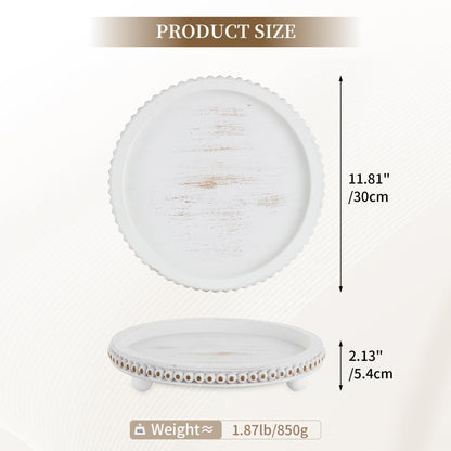 Hanobe Decorative Tray for Home Decor: Round Coffee Table Trays for Ottoman Living Room 12" Beaded Rustic Wooden Farmhouse Centerpiece for Dining Room Kitchen Counter