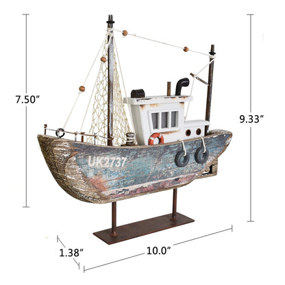 wovorins Wood Sailboat Nautical Decor with LED Light - Decorative Sailing Boat Model Beach Themed Ship Table Centerpiece Rustic Distressed Ocean Decoration Boats Figurine Ornaments