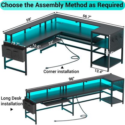 SEDETA L Shaped Gaming Desk, Reversible Computer Desk, Gaming Desk with Power Outlets & LED Strip, Monitor Shelf, Keyboard Tray, Pegboard and Storage Shelves for Home Office, Black