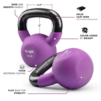 Yes4All Kettlebell, 5-65 LB Neoprene Coated Cast Iron Kettlebells, Wide Grip Handle & Flat Bottom for Swings, Squats, Deadlifts, Push Ups & Full Body Training at Home Gym - Single & Set