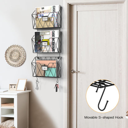 YBING Wall File Organizer Mesh Hanging Wall-mount Files Holder 6 Pack Hanging Wire Magazine Rack and Mail Holder with Hooks Office Wall Organizer for Papers Folders Files Clipboard Black