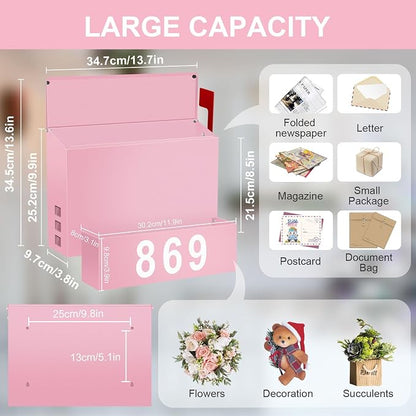 Wall-Mount Mailbox with Flag, Large Capacity Mailboxes for Outside House with Planter & 3 Sets of 0-9 Mailbox Number Stickers, Galvanized Steel Rust-Proof Post Box Metal Mail Box (Pink)