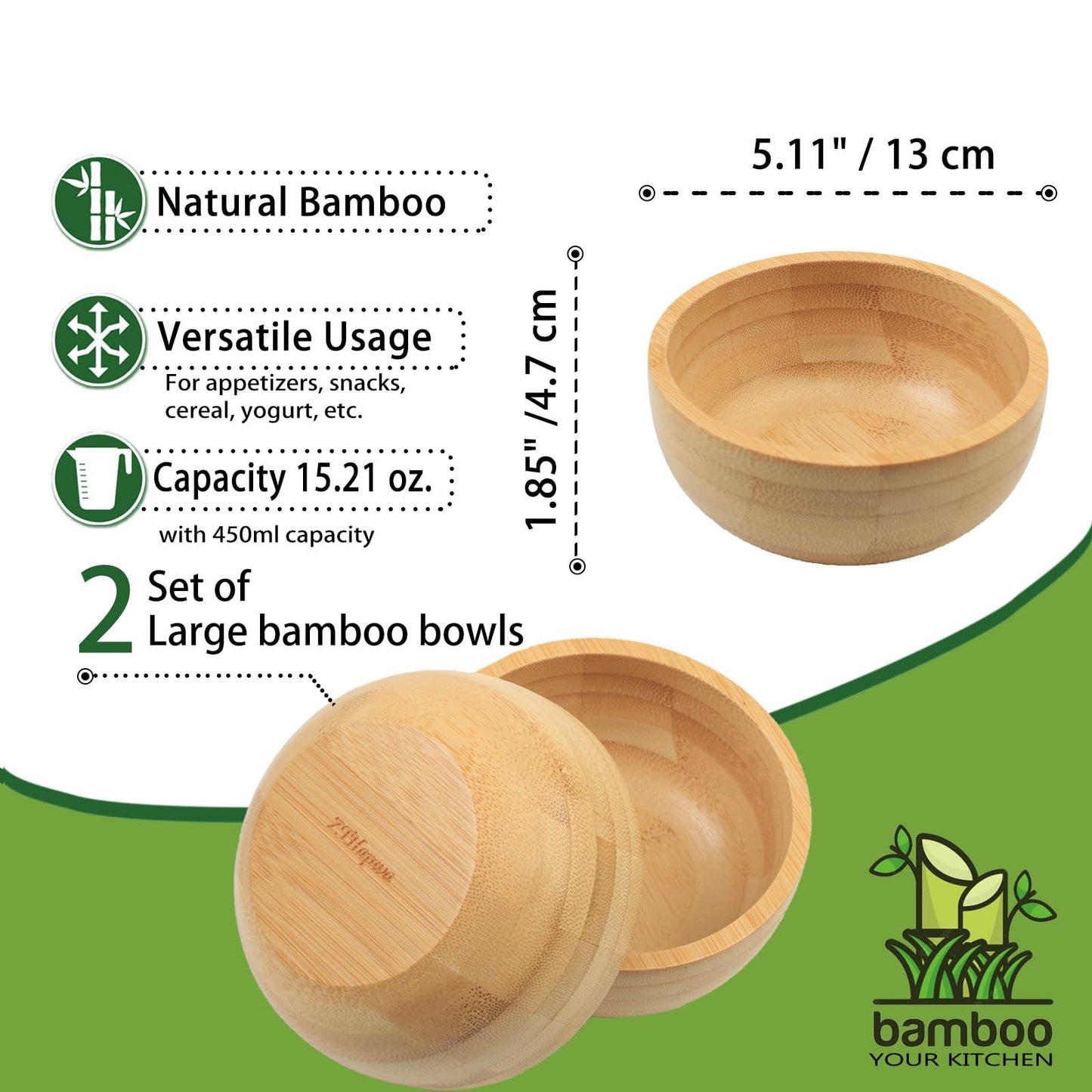 ZTHapwa Soup Bowls Set of 2 for Dessert/Cereal/Pasta/Fruit | Natural Bamboo Serving Bowls for Nuts/Candy/Snacks/Pistachio | Charcuterie Accessories for Dipping/Condiments/Sauce | 15.21 oz Capacity