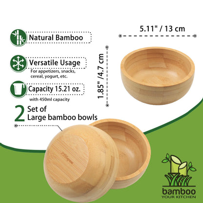 ZTHapwa Soup Bowls Set of 2 for Dessert/Cereal/Pasta/Fruit | Natural Bamboo Serving Bowls for Nuts/Candy/Snacks/Pistachio | Charcuterie Accessories for Dipping/Condiments/Sauce | 15.21 oz Capacity