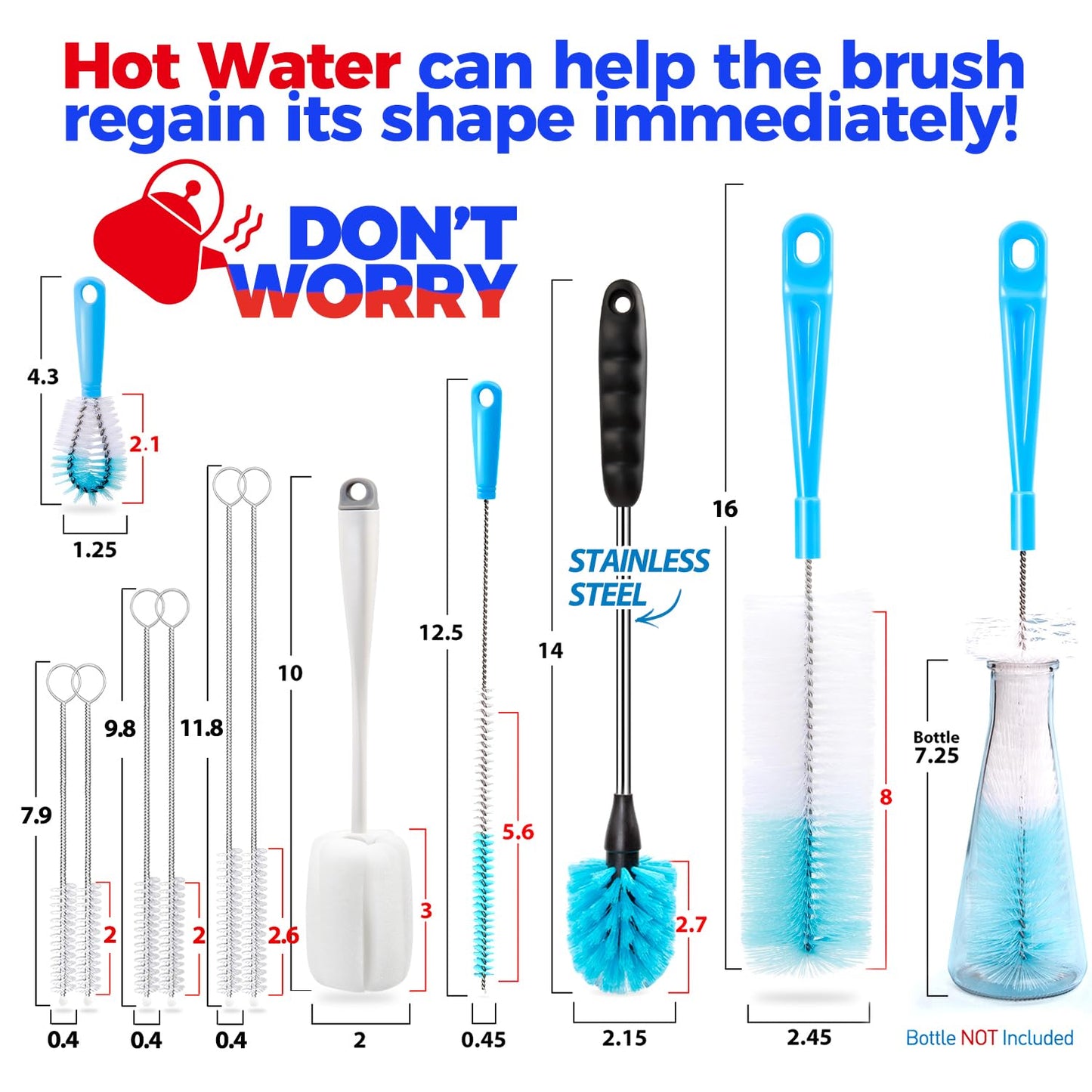 Holikme Bottle Brush Tube Cleaning Lab Set with Long Handle, Cup Cleaner for Washing Narrow Neck Beer Wine Decanter Pipes Lids Sinks Cap Covers, White
