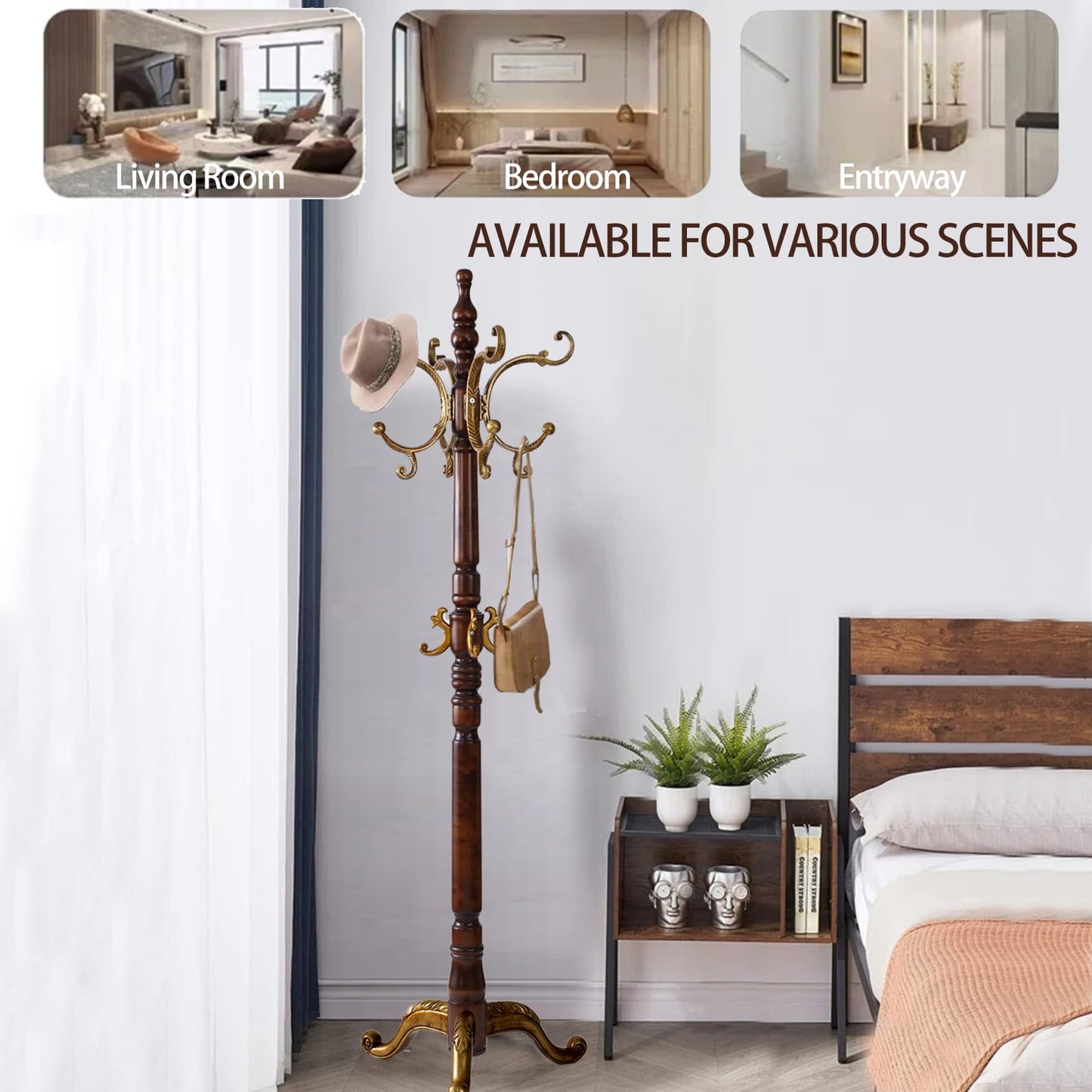 Hebtwebf Wooden Coat Racks, Retro 78" Coat Tree with 12 Hooks & Stable Triangular Base, Entryway Coat Rack Freestanding for Hat, Clothes, Scarves, Handbags, Umbrella (Vintage)