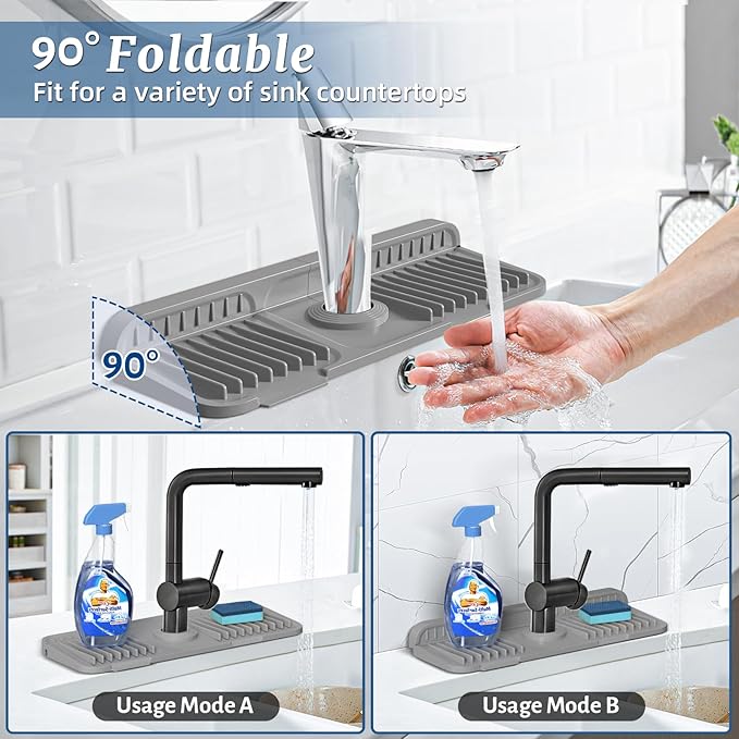 PoYang 14.6 inch Faucet Mat for Kitchen Sink Splash Guard, 7° Slope Silicone