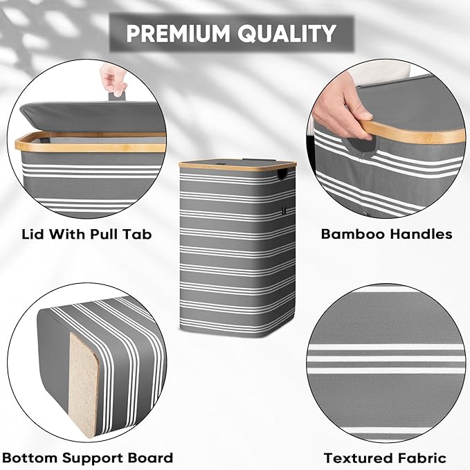 BALEINE Laundry Hamper with Lid, Tall Laundry Baskets with Bamboo Pull Handles
