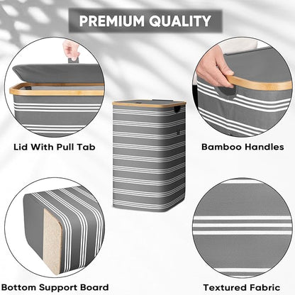 BALEINE Laundry Hamper with Lid, Tall Laundry Baskets with Bamboo Pull Handles