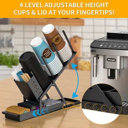 ZDDLOINP Cup and Lid Holder with Straw Organizer Coffee Station Organizer, Metal Cup Dispenser 5 Compartment Coffee Cup Holder for Coffee Bar Accessories, Disposable Paper Cups, Plastic Cups, Lids