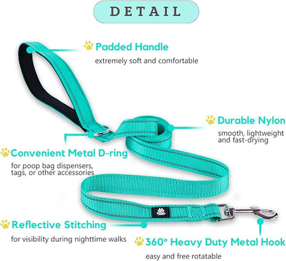 FURRYFECTION Reflective Dog Collar and Leash Set with Quick Release Buckle, Padded with Neoprene Adjustable Nylon Dog Collar for Small Medium and Large Dogs (Medium Collar+5FT Leash, Teal)