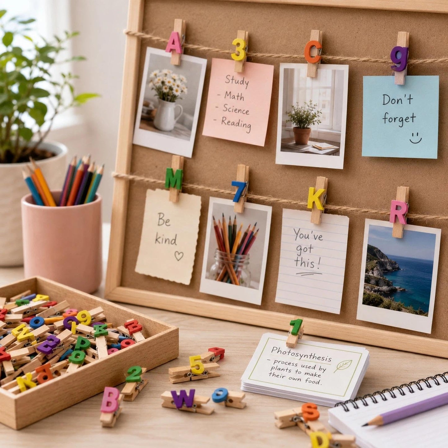 LOGOFUN 140 pcs Mini Wooden Clothespins Numbered and Letter Clips Hanging Photos Clamp Notes Cards Holders for Home Office Classroom Supplies (3.5cm)