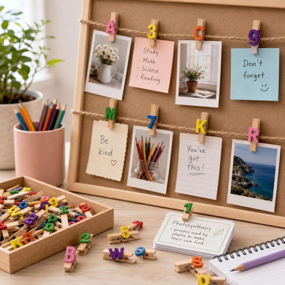 LOGOFUN 140 pcs Mini Wooden Clothespins Numbered and Letter Clips Hanging Photos Clamp Notes Cards Holders for Home Office Classroom Supplies (3.5cm)