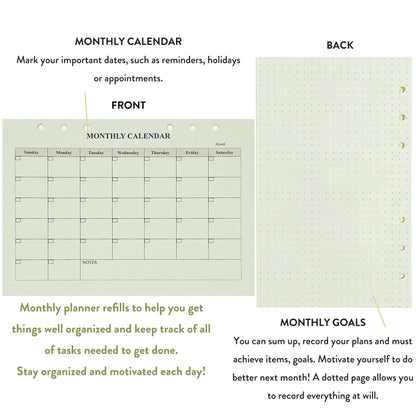 Metrubyone 90+54+14 A5 Refill Paper with Undated Monthly Weekly Calendar Planner Inserts, 6 Ring Loose Leaf Lined Filler Paper Refillable for Binder Planner Journal Agenda Notebook