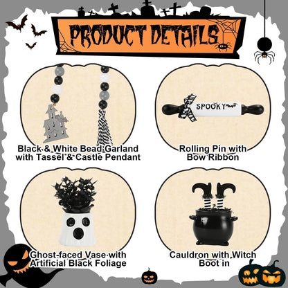 Halloween Decorations 8PCS Tiered Tray Decor, Cute Tabletop Halloween Decor for Home Tray Shelf Mantel Coffee Bar Office Table Centerpieces Farmhouse Rustic Spooky Wood Signs