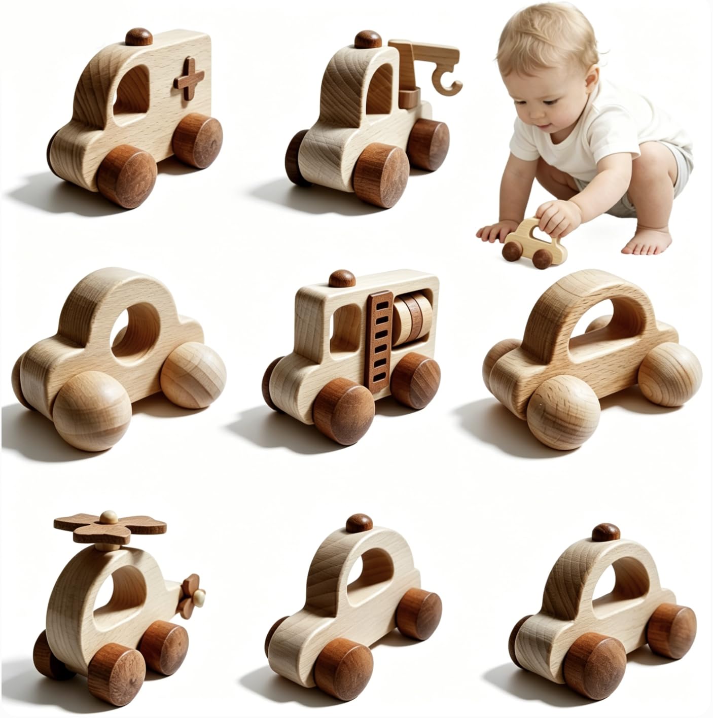 OKULLYSH 8PCS Wooden Baby Toys Montessori Cars FSC Gift Boys Girls 1-3