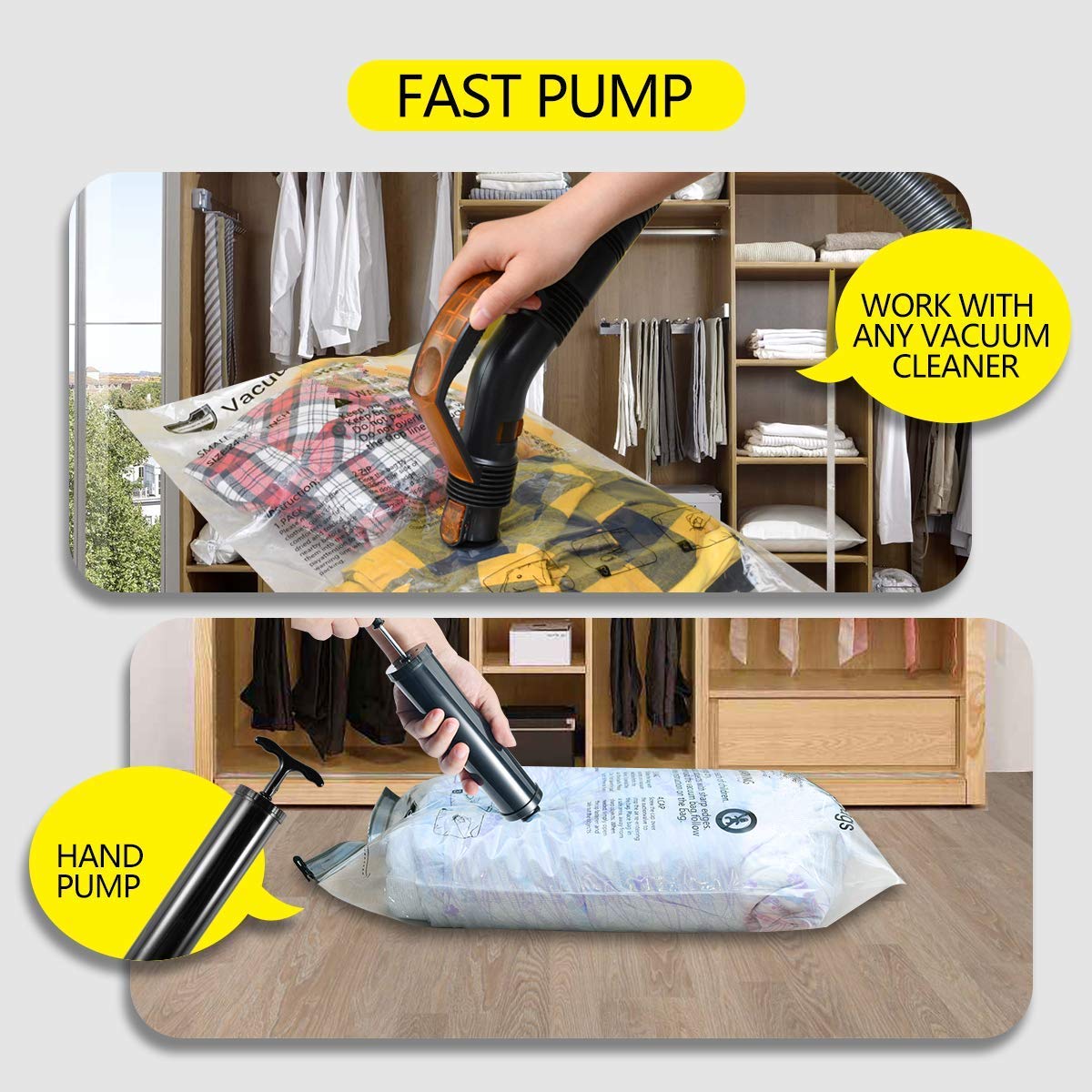 12 Pack Vacuum Storage Bags (3 Jumbo, 3 Large, 3 Medium, 3 Small),Plastic Packaging Bags,Space Saver Sealer Compression Bags with Travel Hand Pump for Blankets, Comforters, Pillows, Clothes Storage