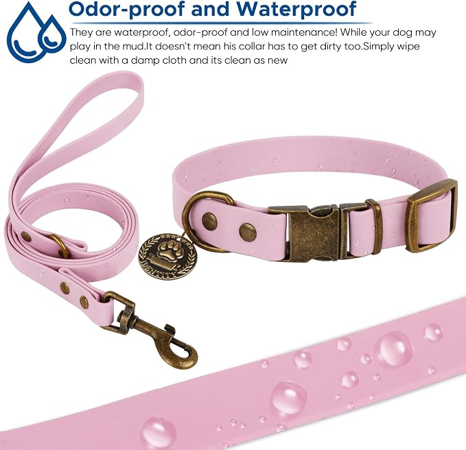 Wisedog Waterproof Dog Collar and Leash Set, M, Pale Pinkish Purple | Adjustable Puppy Collar, Cute Tag, 5FT Leash, Includes Poop Bag, For Small Medium Large Dogs