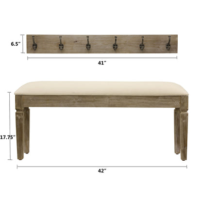 Decor Therapy Waverly Wood Bench with Coat Rack Set, Set of 2, White with Cream Cushion