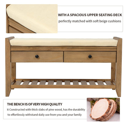 SPOFLYINN FQGXX_KITHJGUJW Gray White with Cushion Wooden Shelf Drawer Living Room Shoe Rack Bedroom Storage Seating Bench, One Size, Old Pine