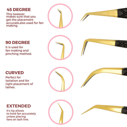 SIVOTE Fiber Tip Lash Tweezers for Eyelash Extensions with Diamond Grip, Black, Set of 4 - Precise Tips Japanese Steel for Classic, Volume & Mega Volume Lashes, Anti-Rust - Ideal for Lash Artists