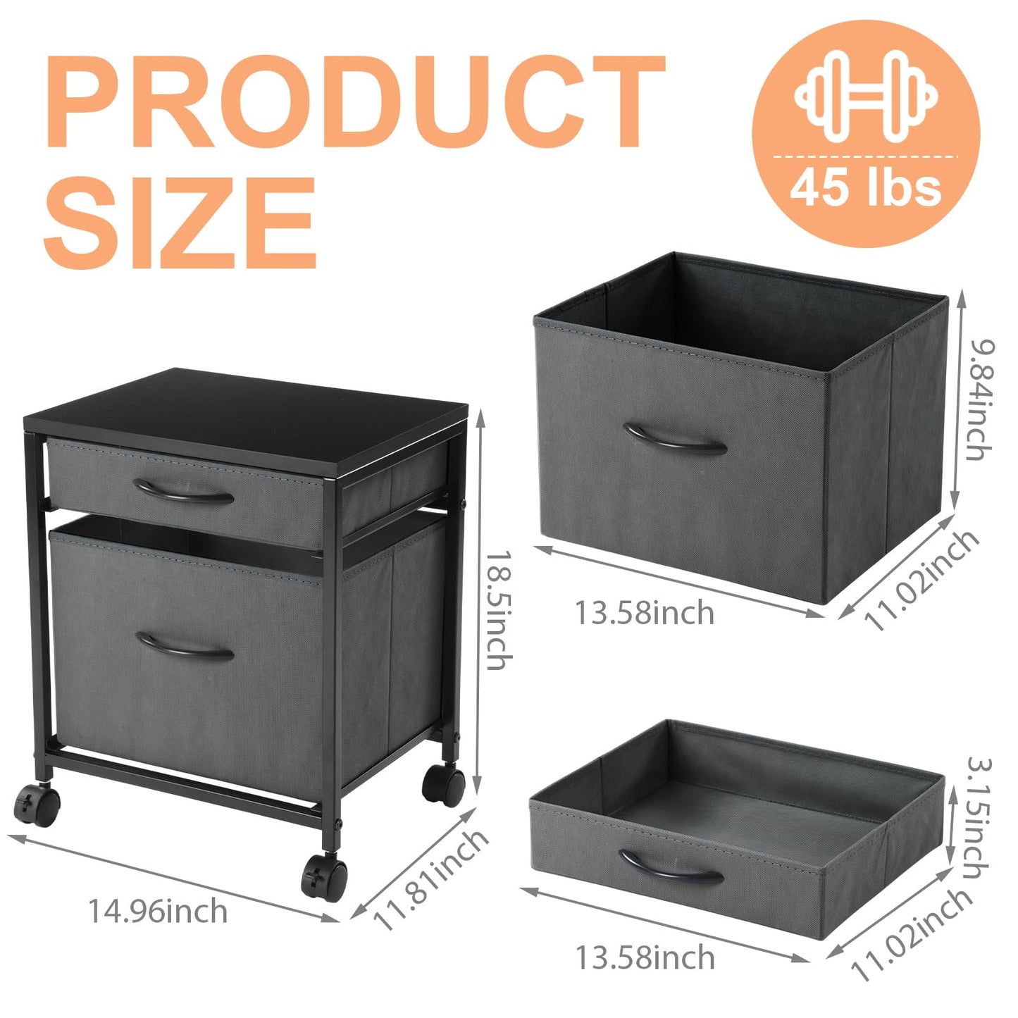 AceOrbit Printer Stand Rolling Mobile File Cabinet Cart with 2 Fabric Drawers A4 Letter Size Beside, Vertical Filing Cabinet on Lockable Wheel with Storage Under Desk for Home Office(Gray)