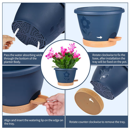 gegemaoyi Plastic Plant Pots 10 Inch Set of 4, Self Watering Pots with Drainage Holes, Saucer & Reservoir, Flower Pots for Indoor/Outdoor Plants, Decorative Nursery Planting Pots (Blue)