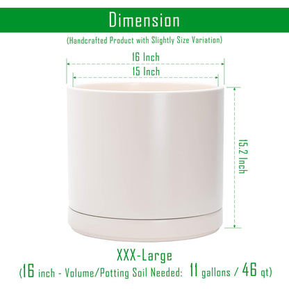 D'vine Dev 16 Inch Ceramic Planter Pot with Drainage Hole and Saucer, Indoor Cylinder Round Planter Pot, Oatmeal, 94-O-H-8