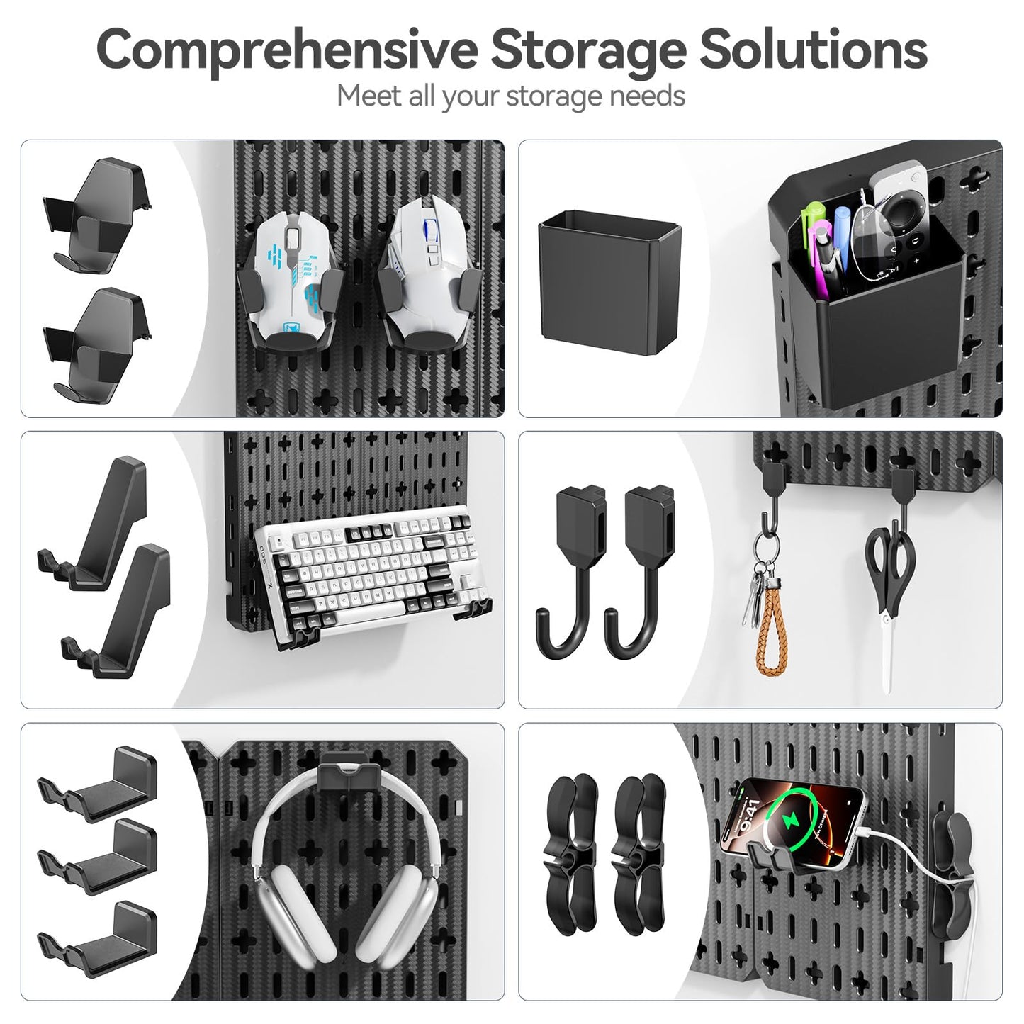 KDD Keyboard and Mouse Display Stand Holder, Wall Mount Office Organization Pegboard Combination Kit with Pen holder, Hooks, Headset & Controller Stand for Office & Home Hanging Organizer Storage