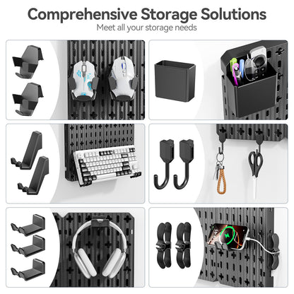 KDD Keyboard and Mouse Display Stand Holder, Wall Mount Office Organization Pegboard Combination Kit with Pen holder, Hooks, Headset & Controller Stand for Office & Home Hanging Organizer Storage