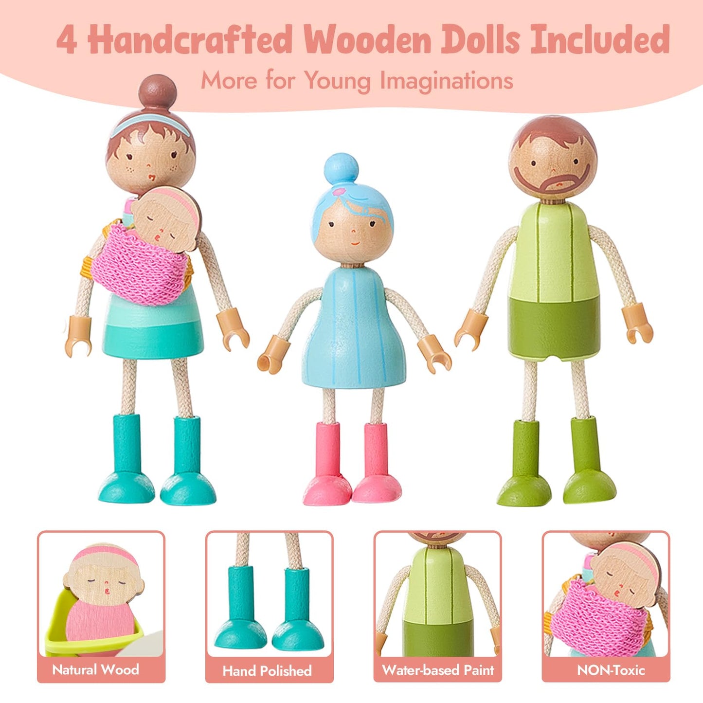 Giant bean 36pcs Wooden Dollhouse Furniture Set with Dolls for 5 Rooms, Wood & Plastic Pink Dollhouse Accessories Pretend Play Furniture Toy Christmas Birthday Gift Toy for Kids Boys Girls Toddler 3+