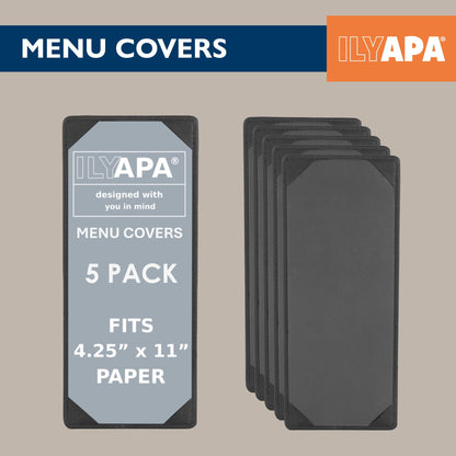 Ilyapa 5 Pack Restaurant Menu Covers 4.25 x 11 - Vinyl Leather Menu Holder, Single Sided Book with Corner Sleeves for Display of Wedding Menus, Weekly Kitchen Specials & Bar Drinks for Table Top