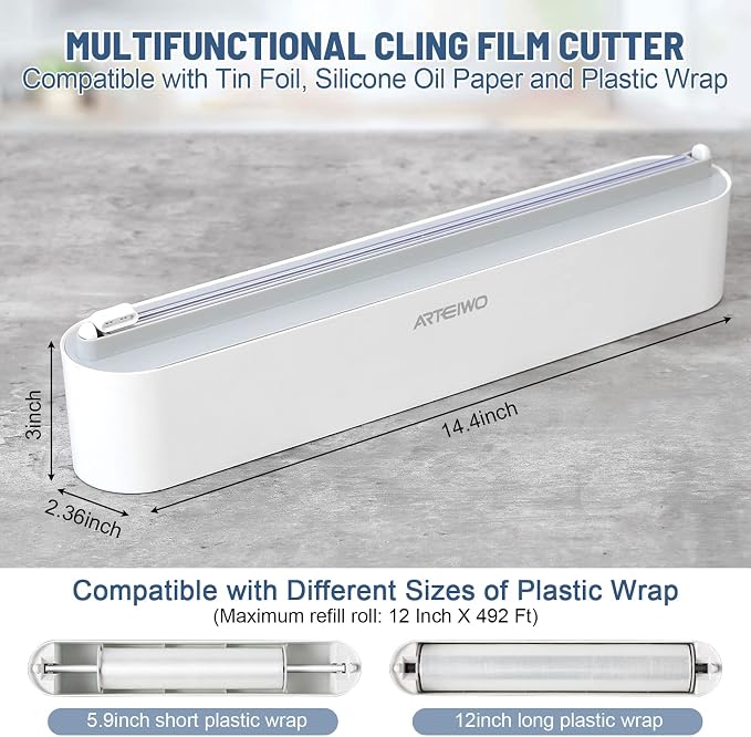 Magnetic Refillable Plastic Wrap Dispenser With Cutter, Tin Aluminum Foil Dispenser with Cutter, Sturdy Food Cling Wrap Film Cutter, 12 Inch X 328 Feet Plastic Wrap Included…