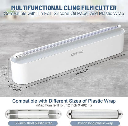 Magnetic Refillable Plastic Wrap Dispenser With Cutter, Tin Aluminum Foil Dispenser with Cutter, Sturdy Food Cling Wrap Film Cutter, 12 Inch X 328 Feet Plastic Wrap Included…