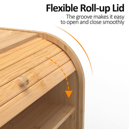FoverOne Bamboo Bread Box for Kitchen Countertop, Roll-top Breadbox Breads Storage Boxe with Adjustable Middle Shelf