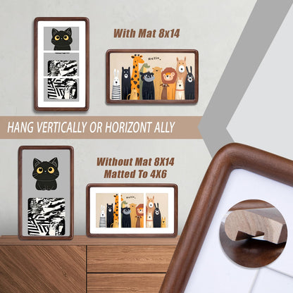 Xzwenru 8x14 Picture Frame Set of 1,Solid Walnut Wood Frame with Real Glass,Rounded Edge Wooden Photo Frame Matted to 8x14 Photo without mat or three 4x6 picture with mat, For TableTop and Wall Decoration.