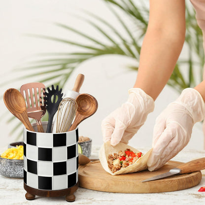 Ferrochef Kitchen Utensil Countertop Holder Checkered Utensil Crock with a Wooden Base 7.5 Inch Organizer Country Style Decorative for Storing Spoons Spatulas and Pot Spatulas