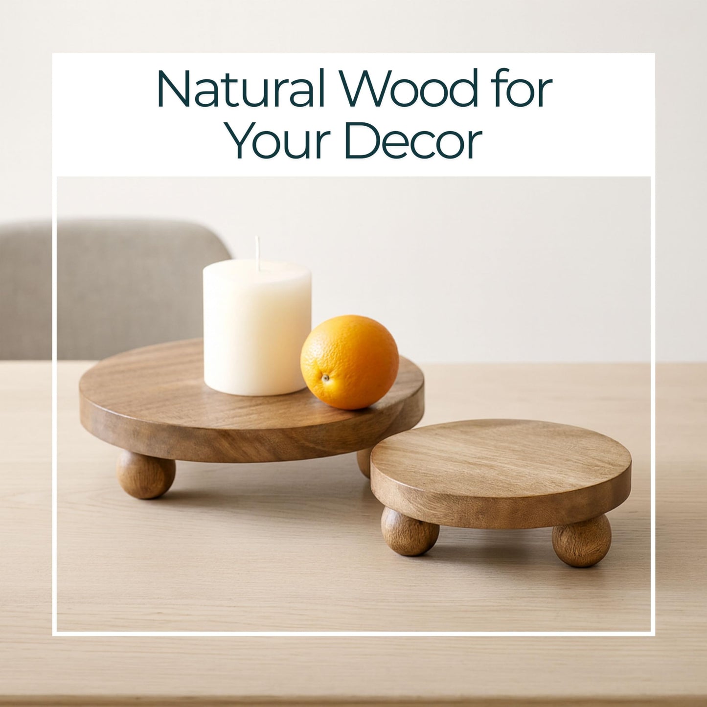 Set of 2 Round Wooden Riser Trays – Handcrafted Mango Wood Pedestal Stands – Rustic Decorative Home Decor for Modern Coffee Table, Kitchen, or Office – 10", Brown