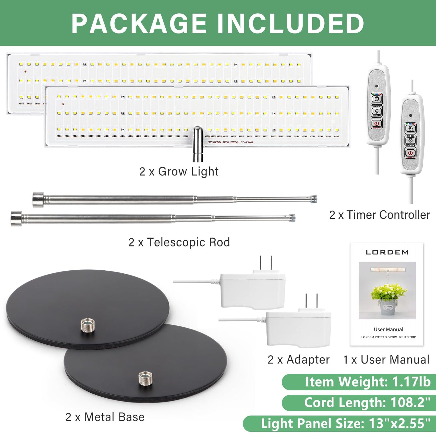 LORDEM Grow Light for Indoor Plant, Full Spectrum LED Plant Light, Height Adjustable Growing Lamp with Auto On/Off Timer 4H/8H/12H, 4 Dimmable Brightness, Ideal for Home Desk Plant Lighting, 2 Pack